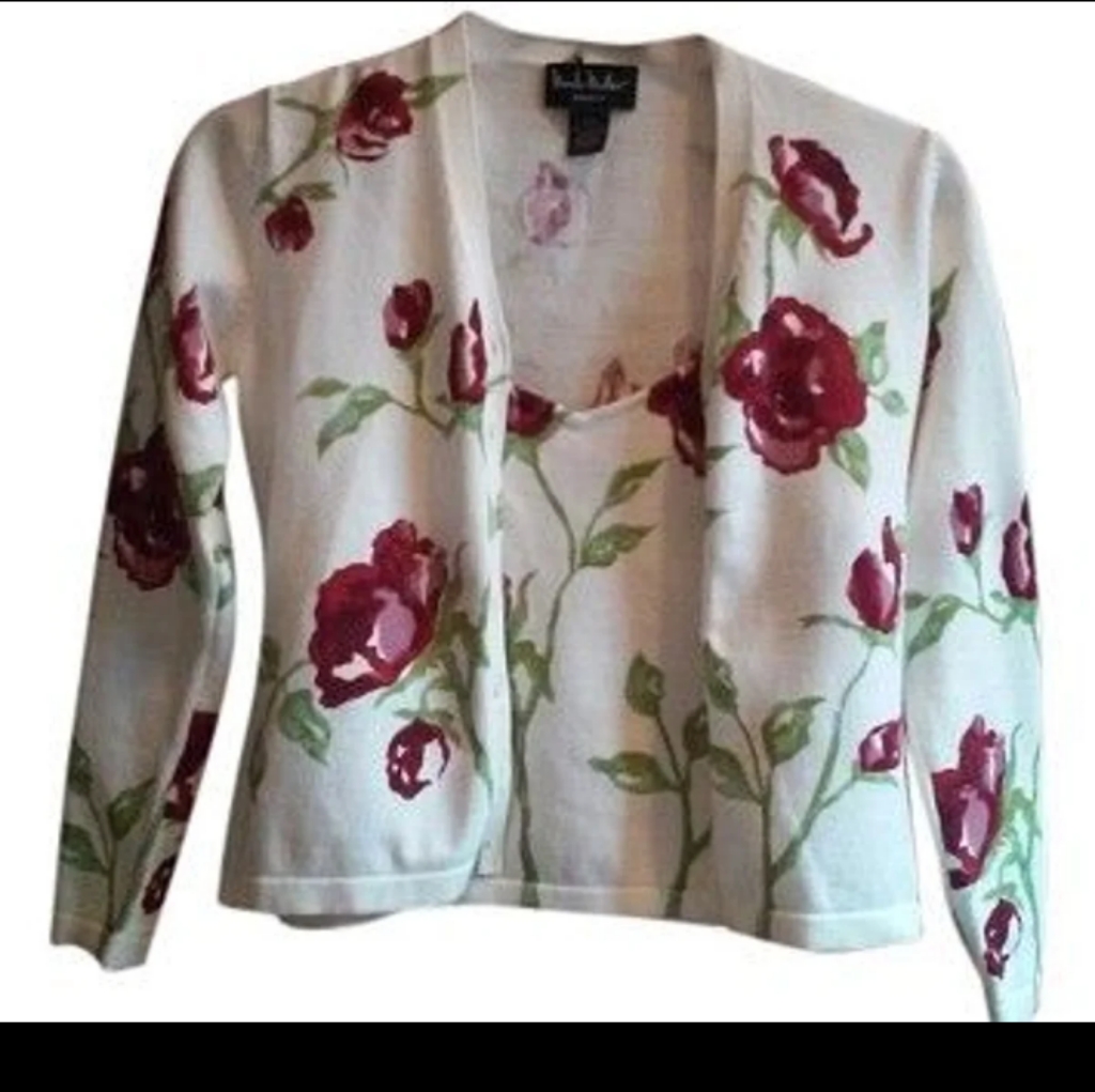 Nicole Miller Knits $475 Twin Set Rose Print Cardigan + Cami Set Sz Small